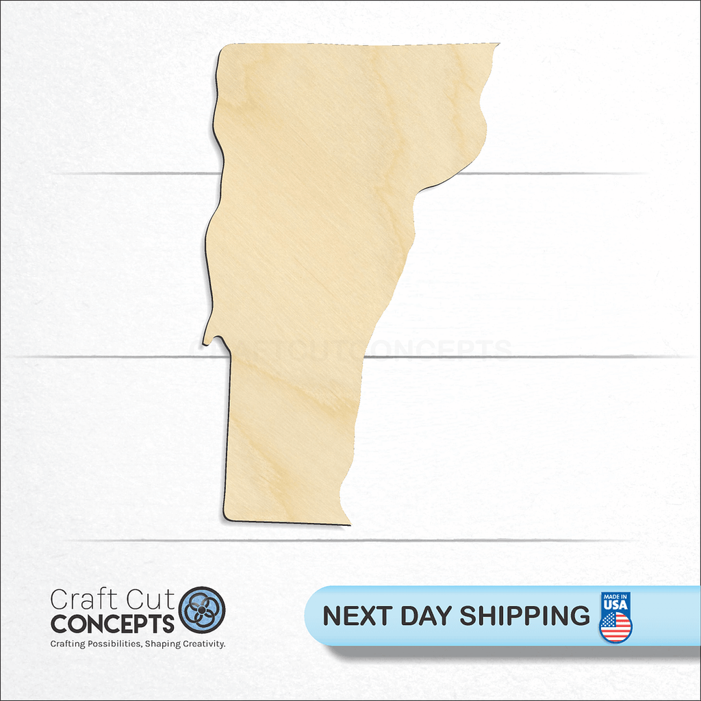 Craft Cut Concepts logo and next day shipping banner with an unfinished wood State - Vermont CRAFTY craft shape and blank