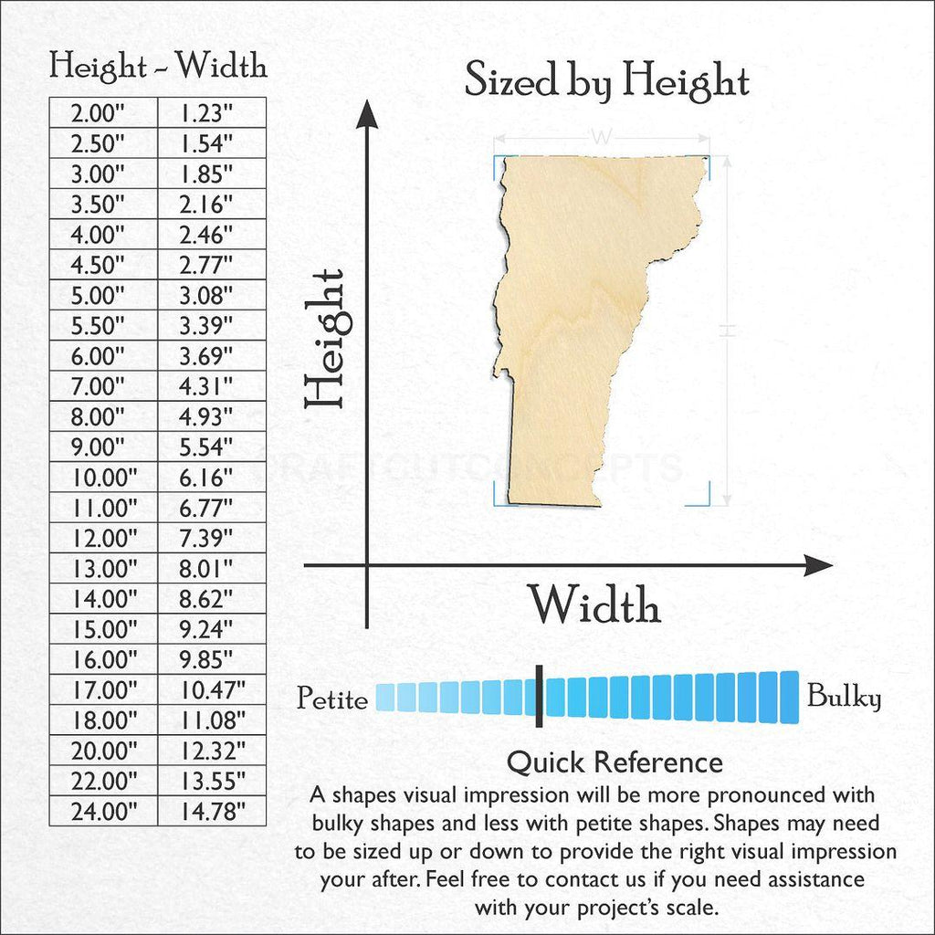 Sizes available for a laser cut State - Vermont craft blank