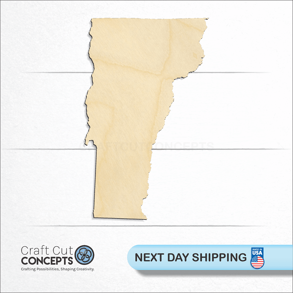 Craft Cut Concepts logo and next day shipping banner with an unfinished wood State - Vermont craft shape and blank