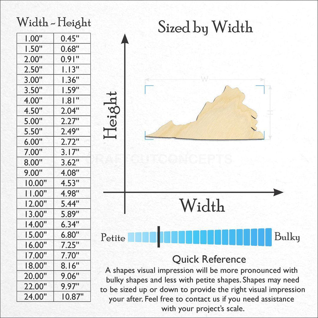 Sizes available for a laser cut State - Virginia CRAFTY craft blank
