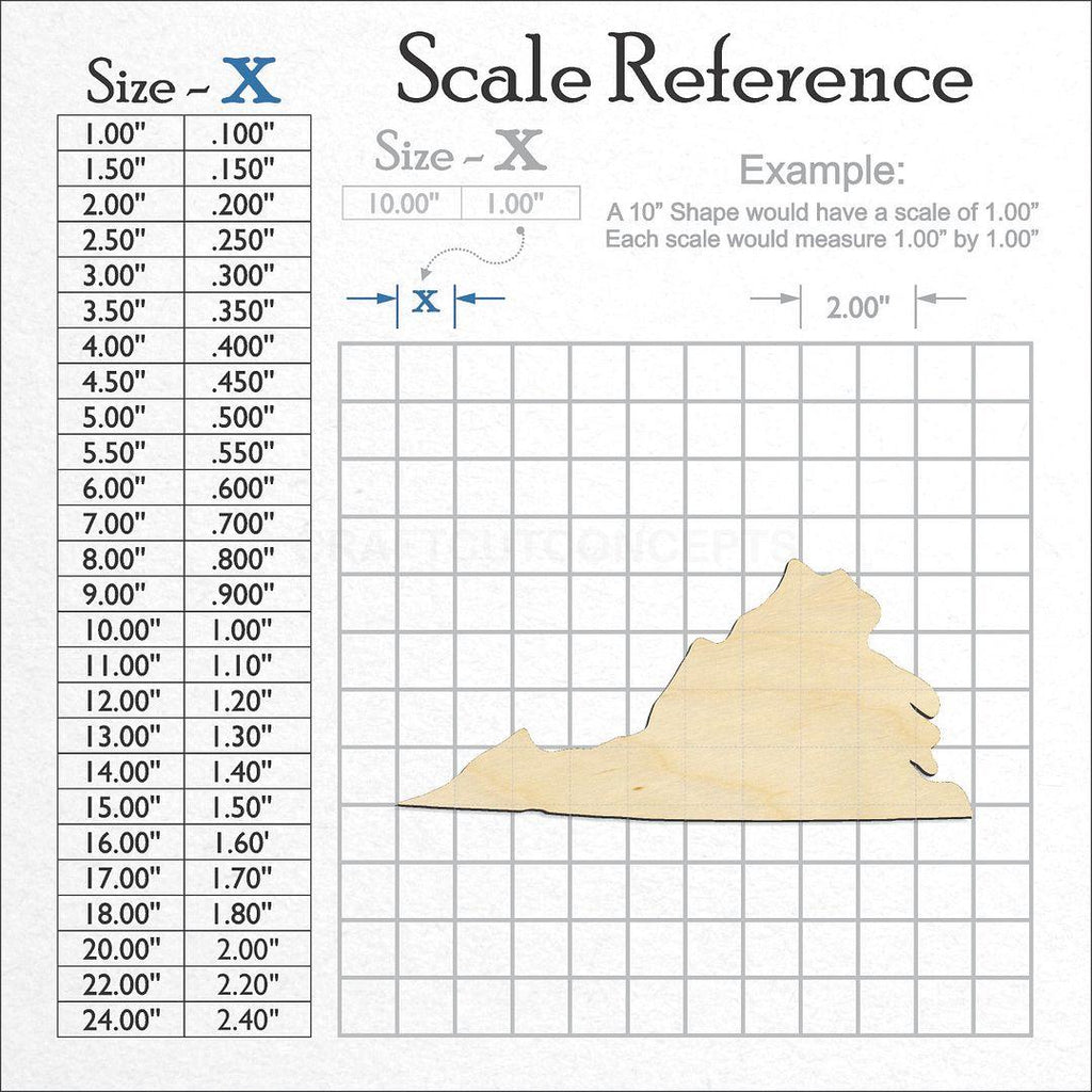 A scale and graph image showing a wood State - Virginia CRAFTY craft blank