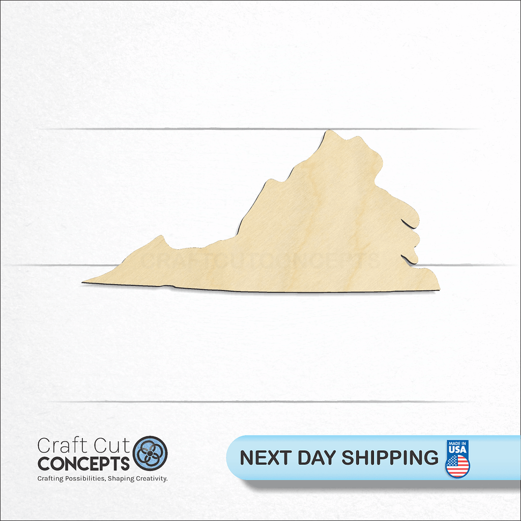 Craft Cut Concepts logo and next day shipping banner with an unfinished wood State - Virginia CRAFTY craft shape and blank