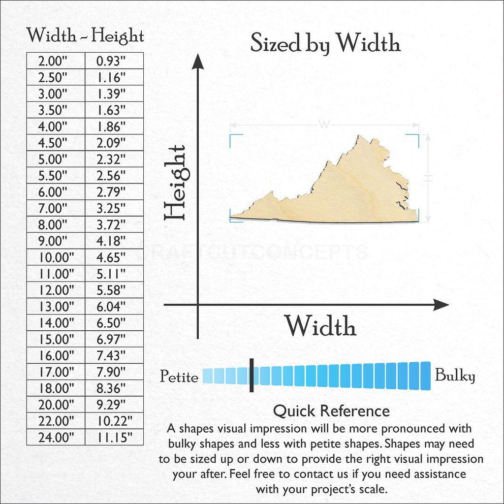 Sizes available for a laser cut State - Virginia craft blank