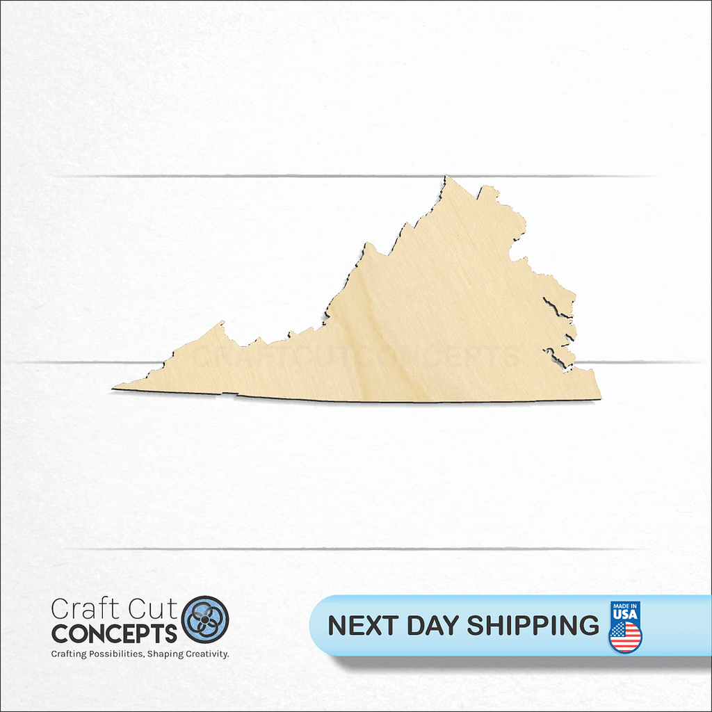 Craft Cut Concepts logo and next day shipping banner with an unfinished wood State - Virginia craft shape and blank