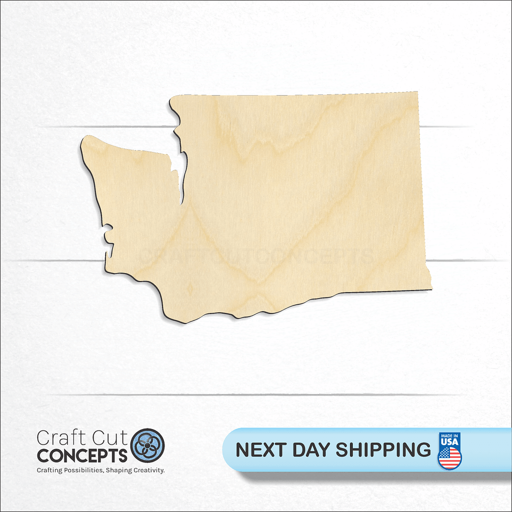 Craft Cut Concepts logo and next day shipping banner with an unfinished wood State - Washington CRAFTY craft shape and blank