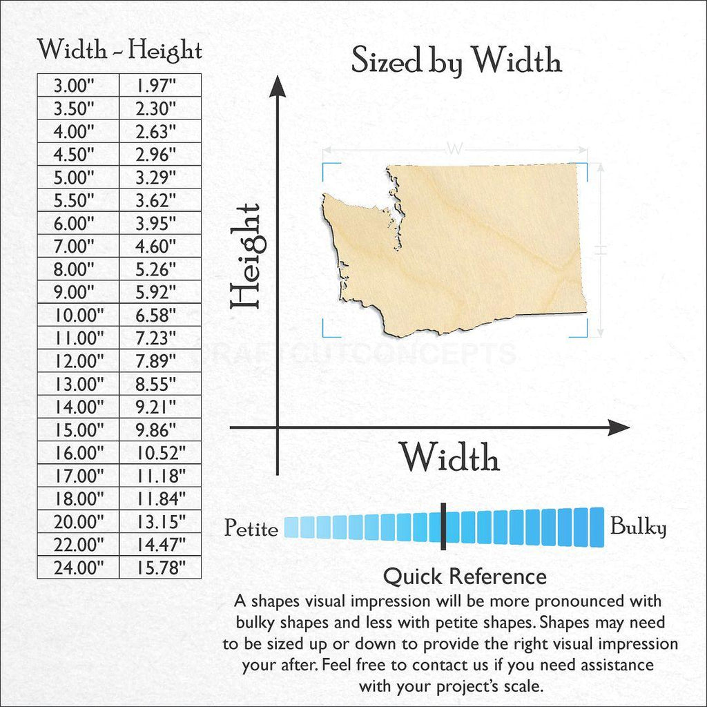 Sizes available for a laser cut State - Washington craft blank