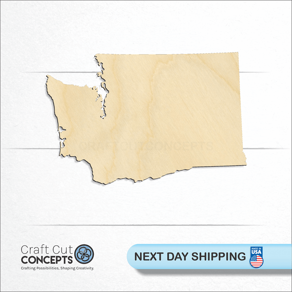 Craft Cut Concepts logo and next day shipping banner with an unfinished wood State - Washington craft shape and blank