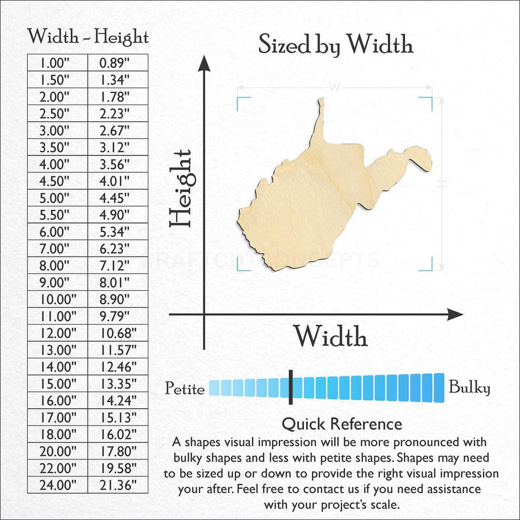 Sizes available for a laser cut State - West Virginia CRAFTY craft blank