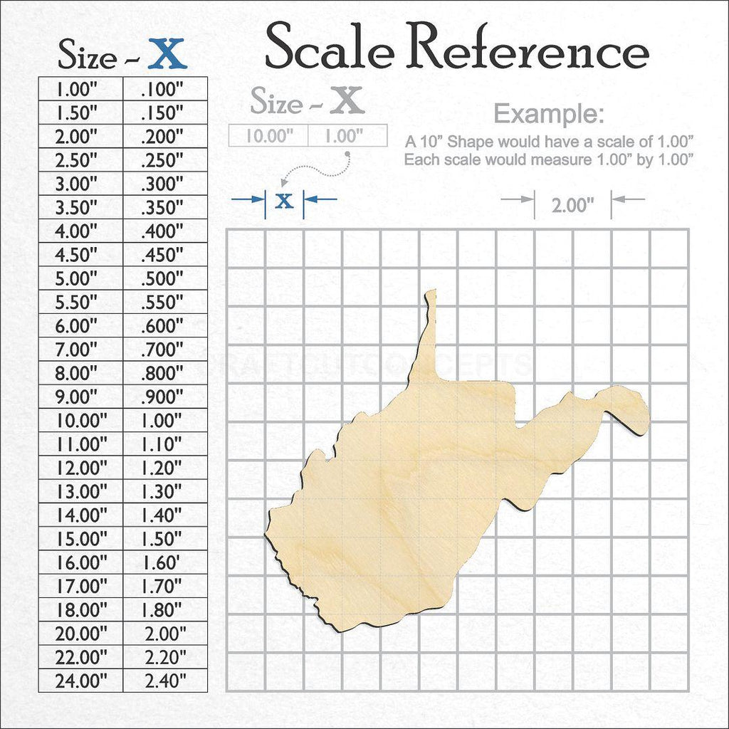 A scale and graph image showing a wood State - West Virginia CRAFTY craft blank