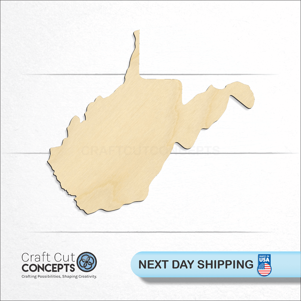 Craft Cut Concepts logo and next day shipping banner with an unfinished wood State - West Virginia CRAFTY craft shape and blank