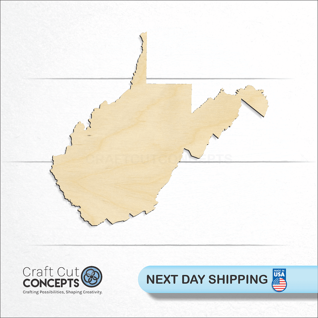 Craft Cut Concepts logo and next day shipping banner with an unfinished wood State - West Virginia craft shape and blank