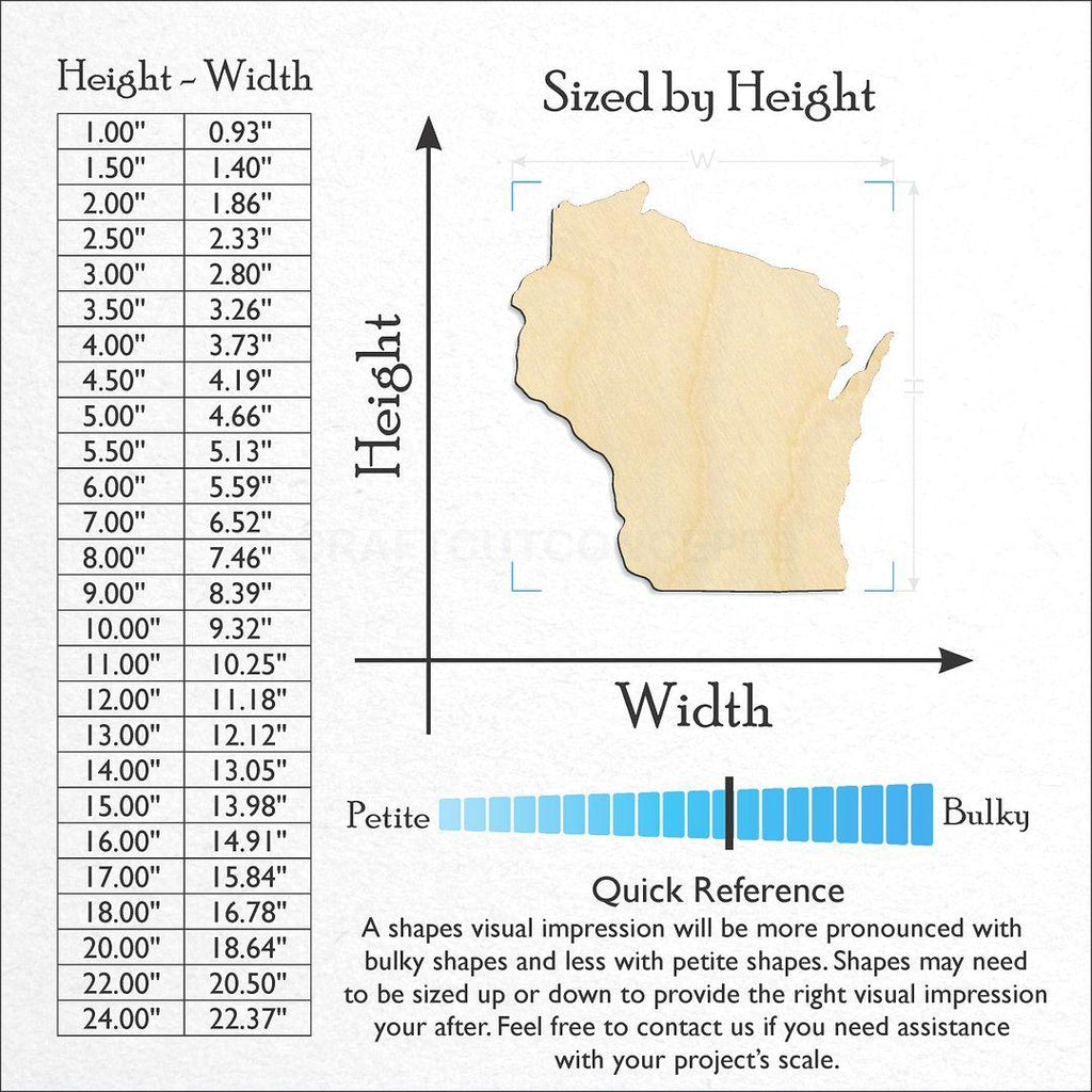 Sizes available for a laser cut State - Wisconsin CRAFTY craft blank