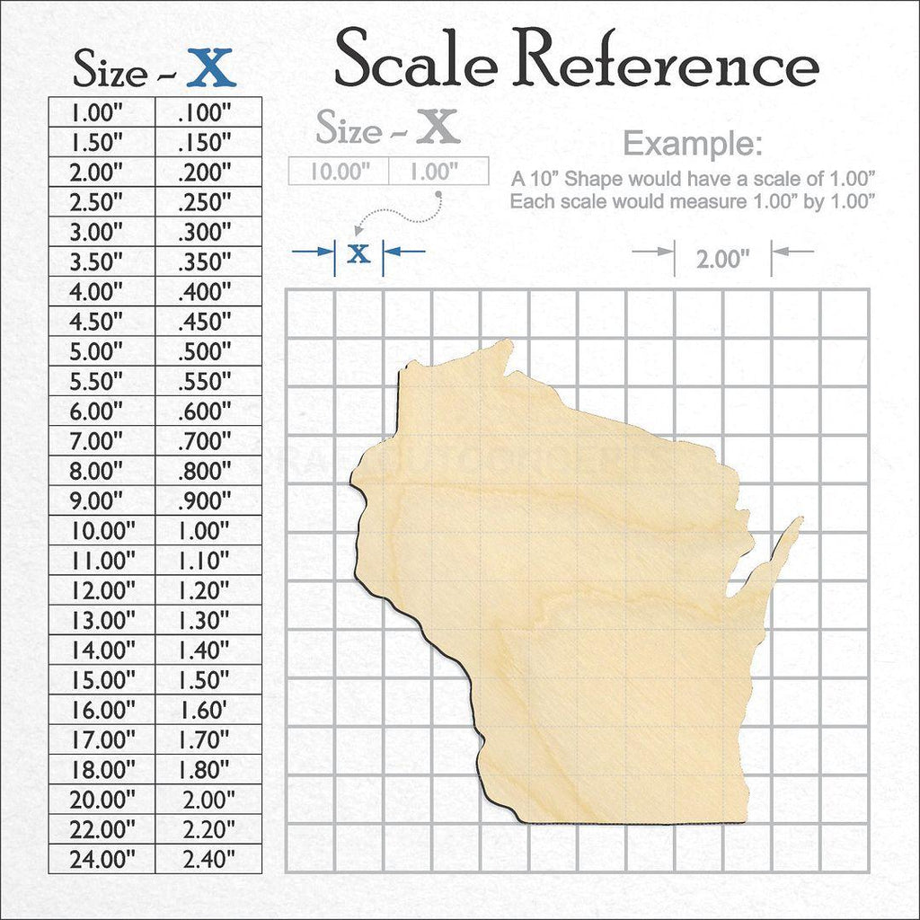 A scale and graph image showing a wood State - Wisconsin CRAFTY craft blank