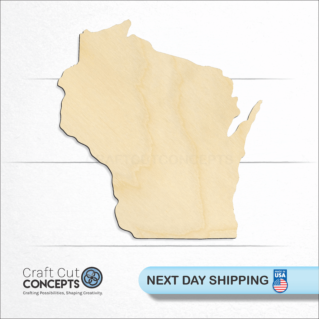 Craft Cut Concepts logo and next day shipping banner with an unfinished wood State - Wisconsin CRAFTY craft shape and blank