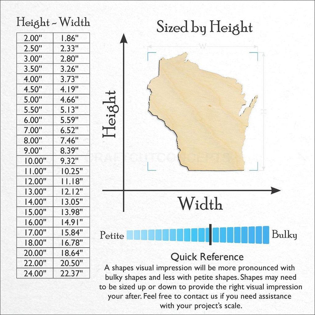 Sizes available for a laser cut State - Wisconsin craft blank