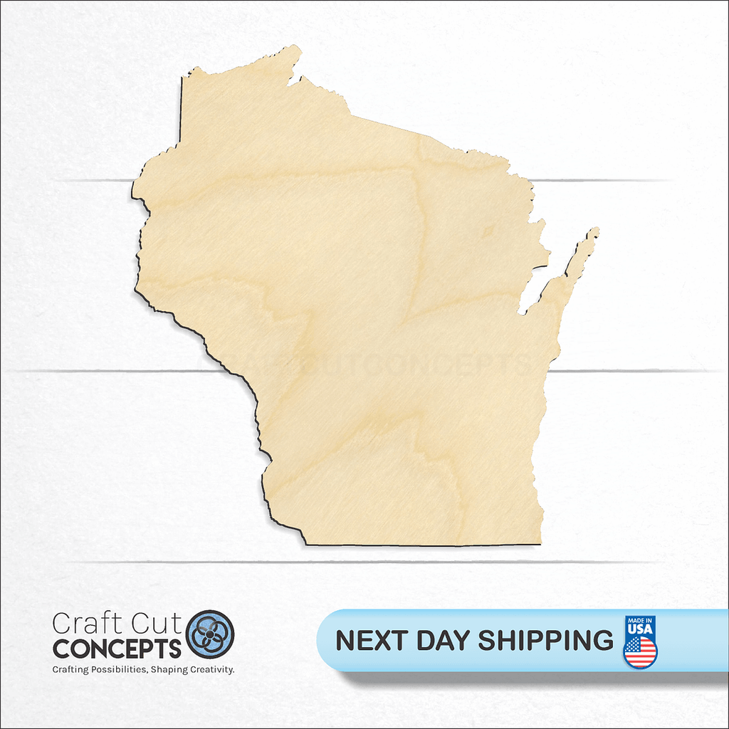 Craft Cut Concepts logo and next day shipping banner with an unfinished wood State - Wisconsin craft shape and blank