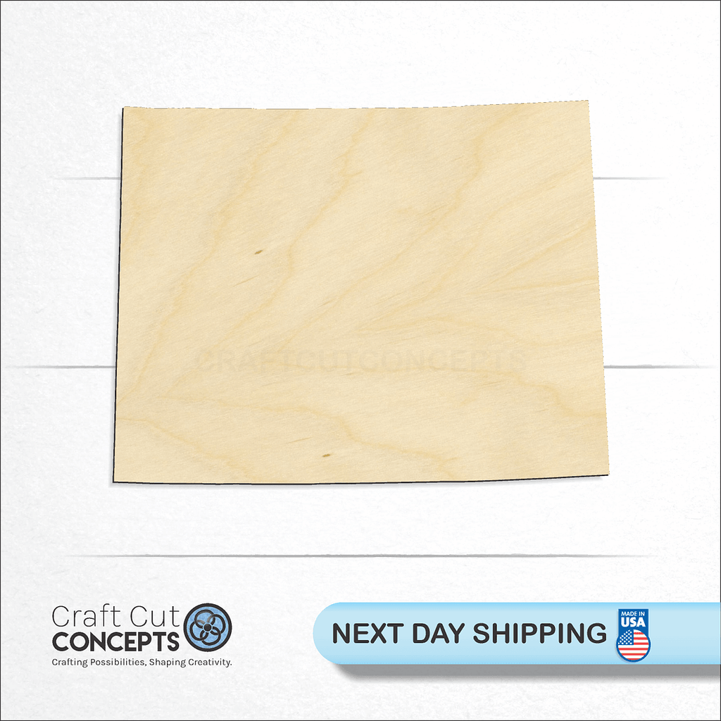 Craft Cut Concepts logo and next day shipping banner with an unfinished wood State - Wyoming craft shape and blank