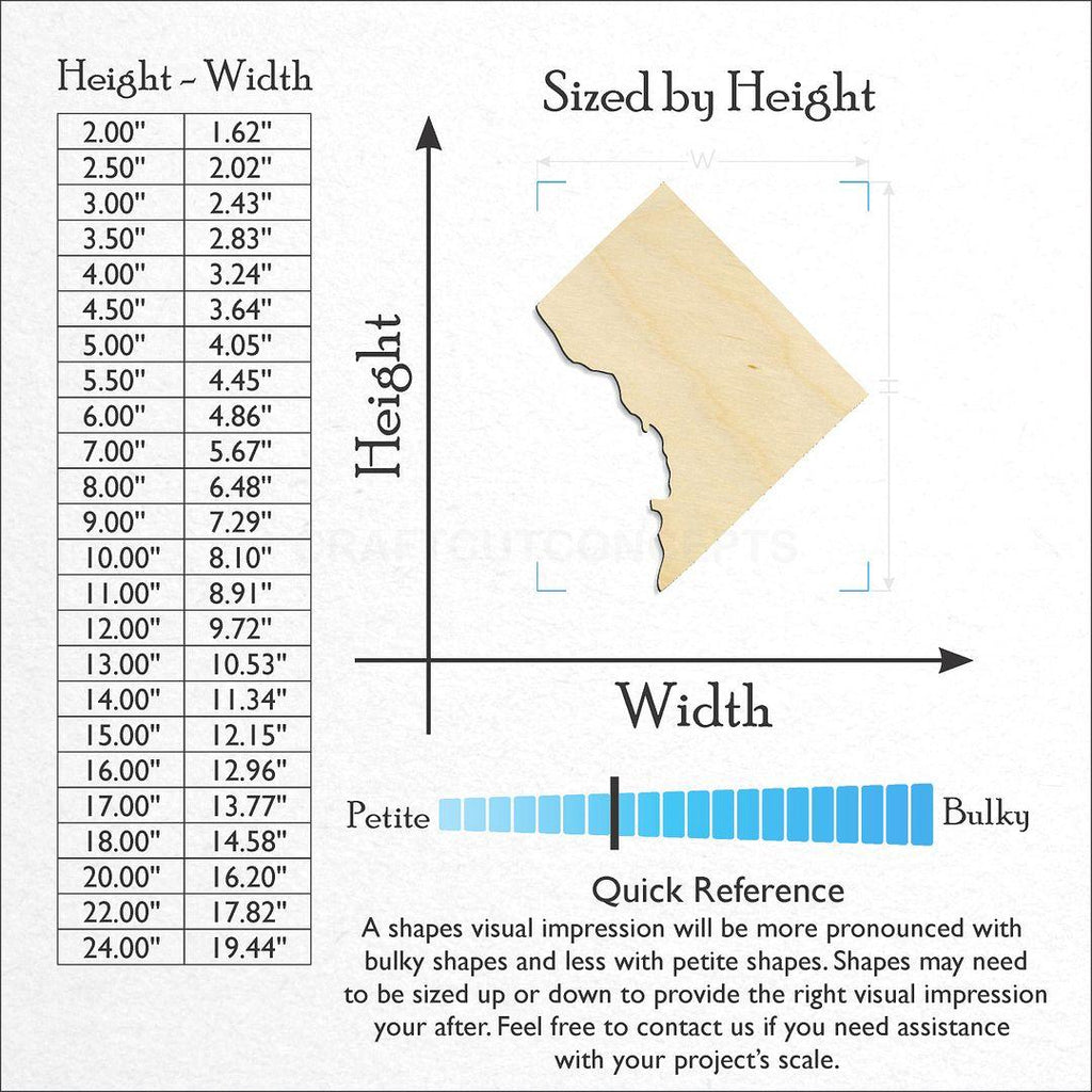 Sizes available for a laser cut State - District of Columbia craft blank