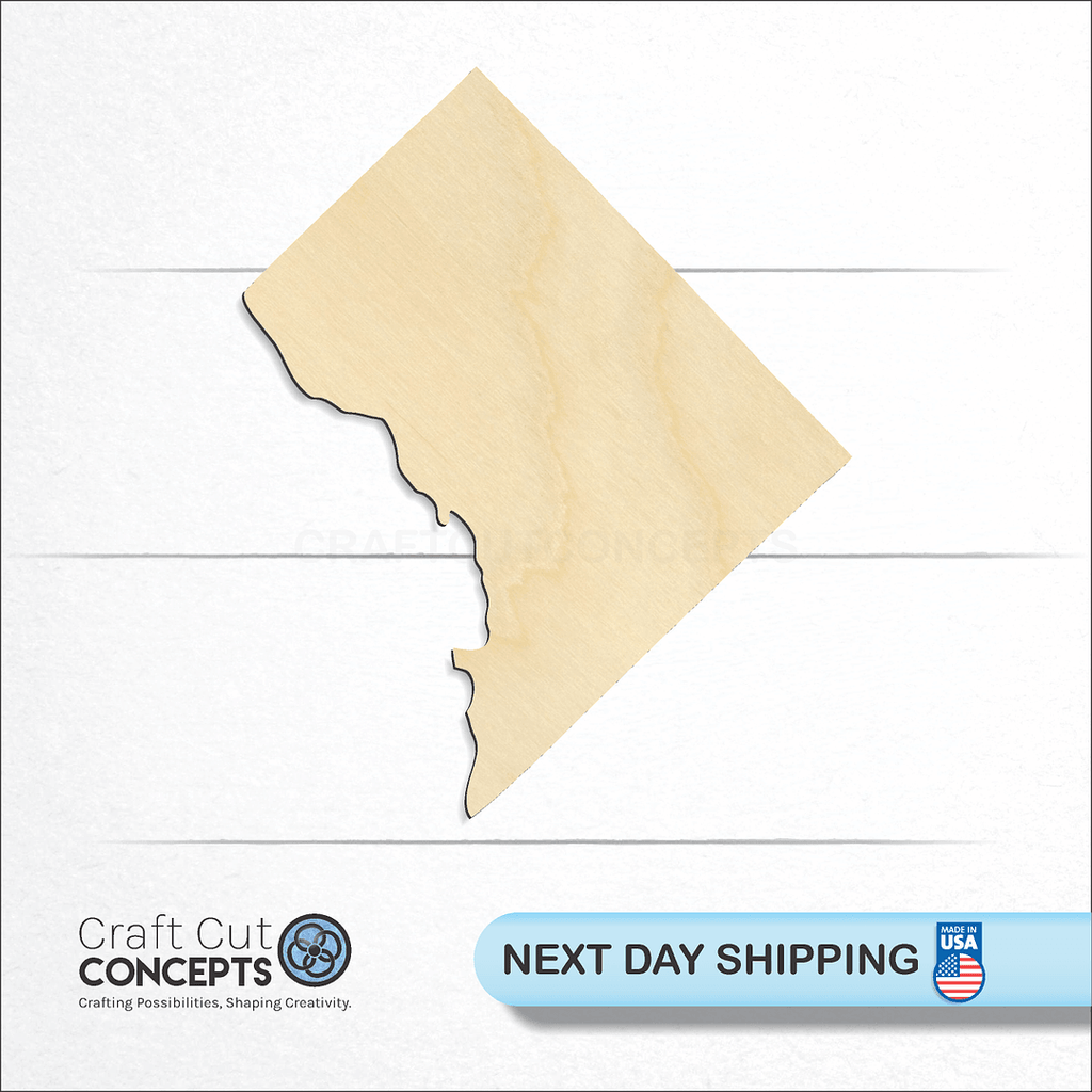 Craft Cut Concepts logo and next day shipping banner with an unfinished wood State - District of Columbia craft shape and blank