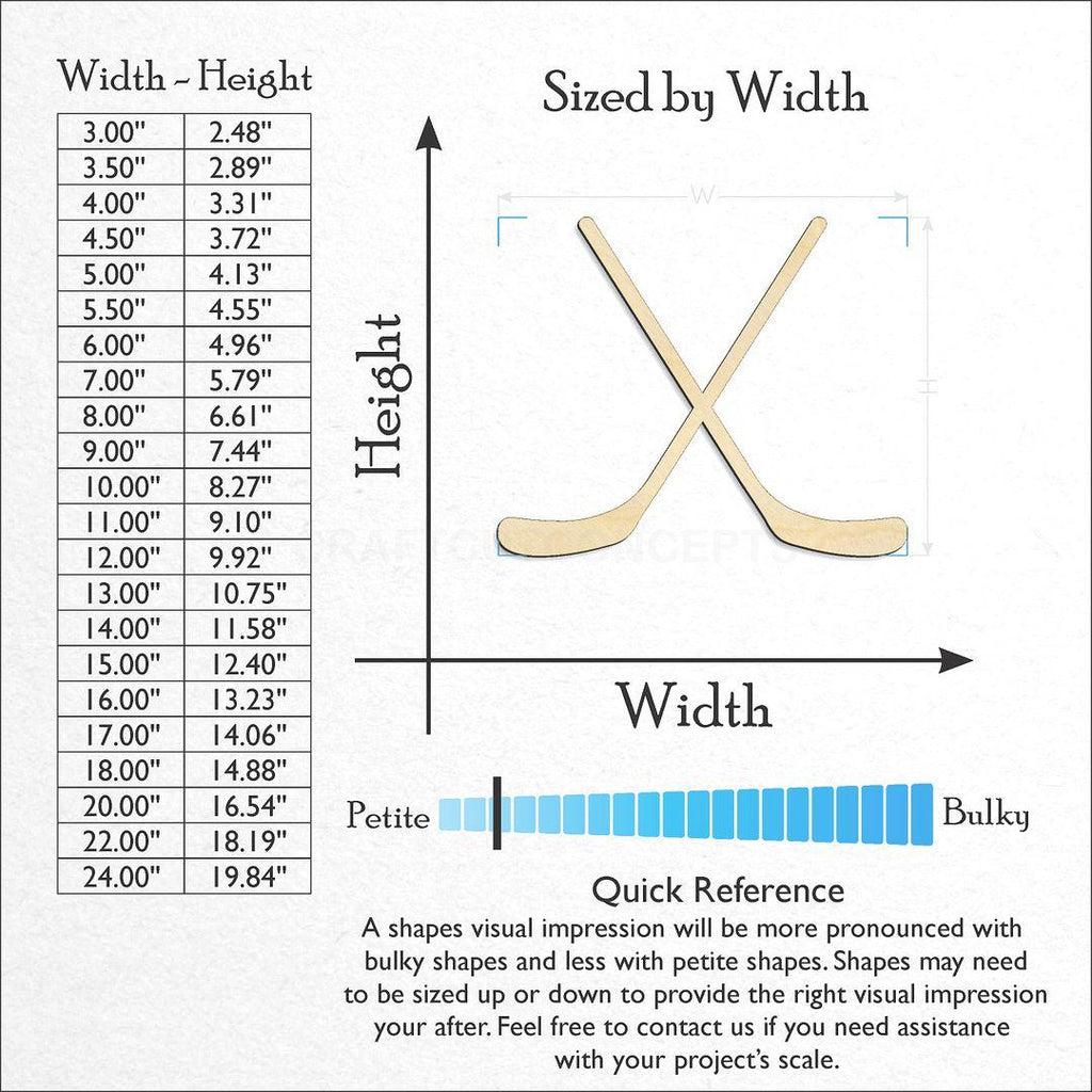 Sizes available for a laser cut Sports - Hockey Stick Pair-2 craft blank