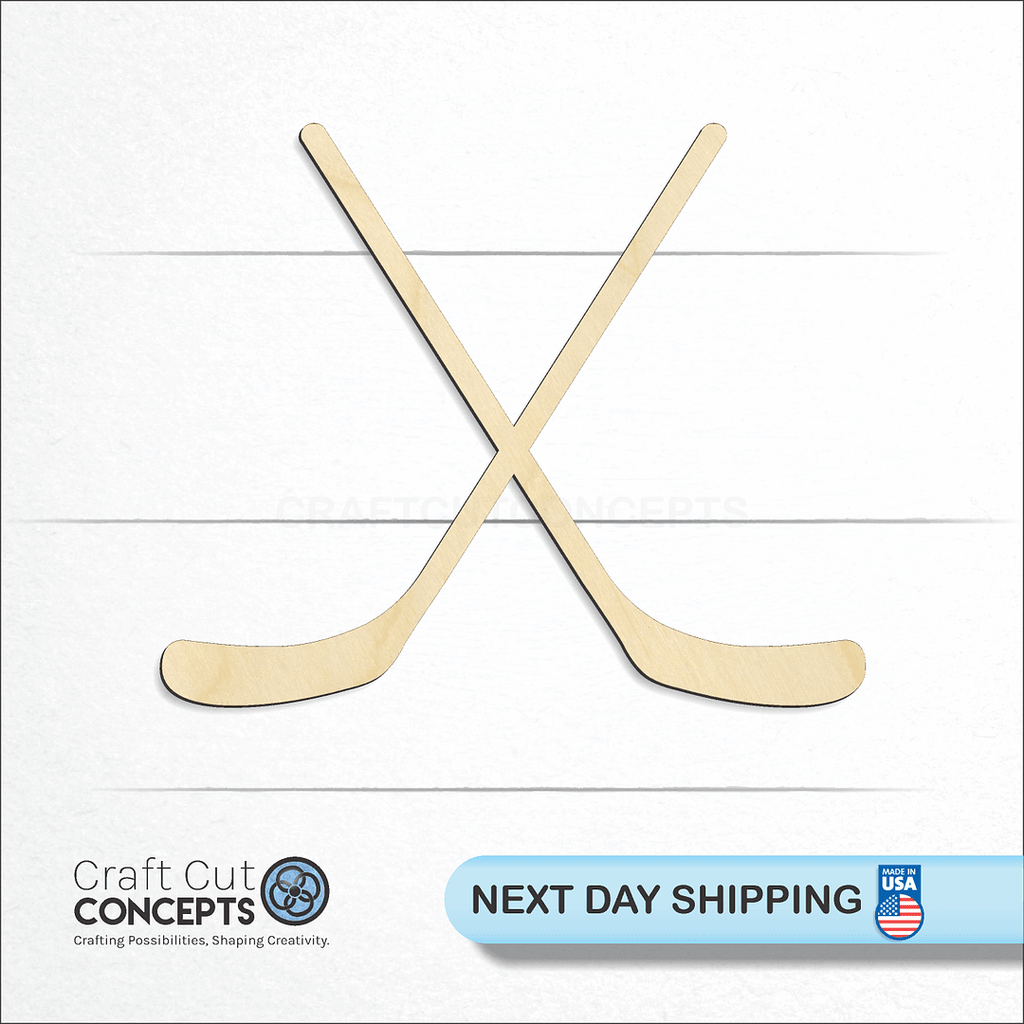 Craft Cut Concepts logo and next day shipping banner with an unfinished wood Sports - Hockey Stick Pair-2 craft shape and blank