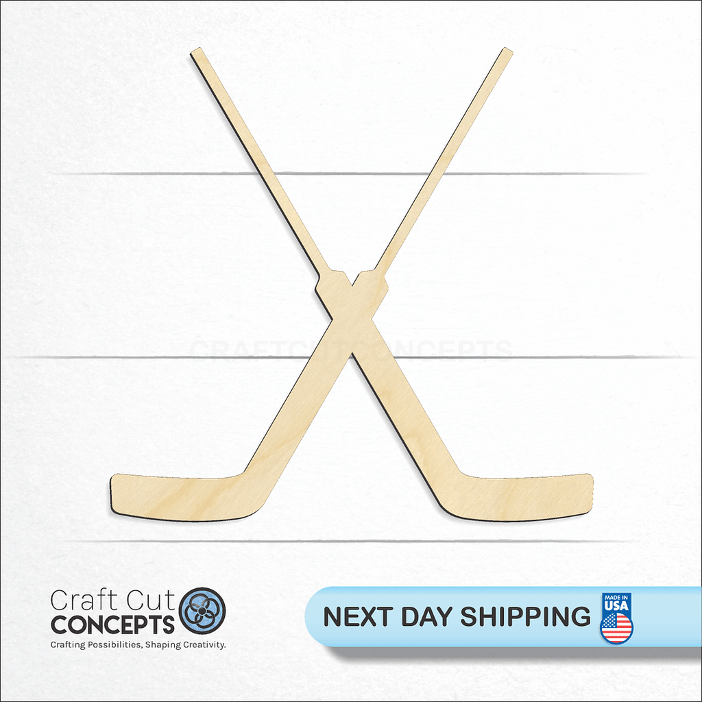 Craft Cut Concepts logo and next day shipping banner with an unfinished wood Sports - Hockey Golie Stick Pair craft shape and blank