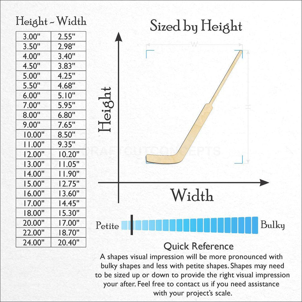 Sizes available for a laser cut Sports - Hockey Golie Stick craft blank