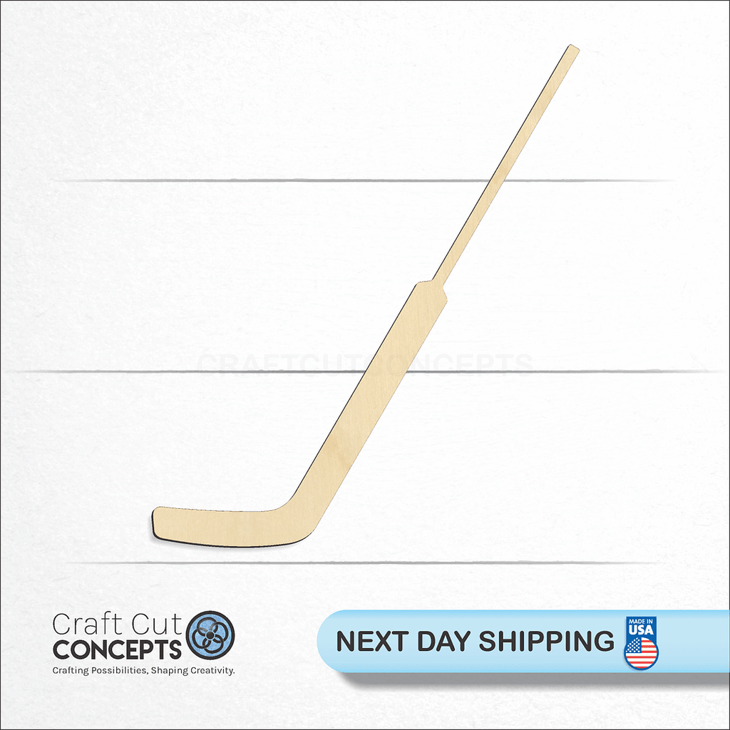 Craft Cut Concepts logo and next day shipping banner with an unfinished wood Sports - Hockey Golie Stick craft shape and blank