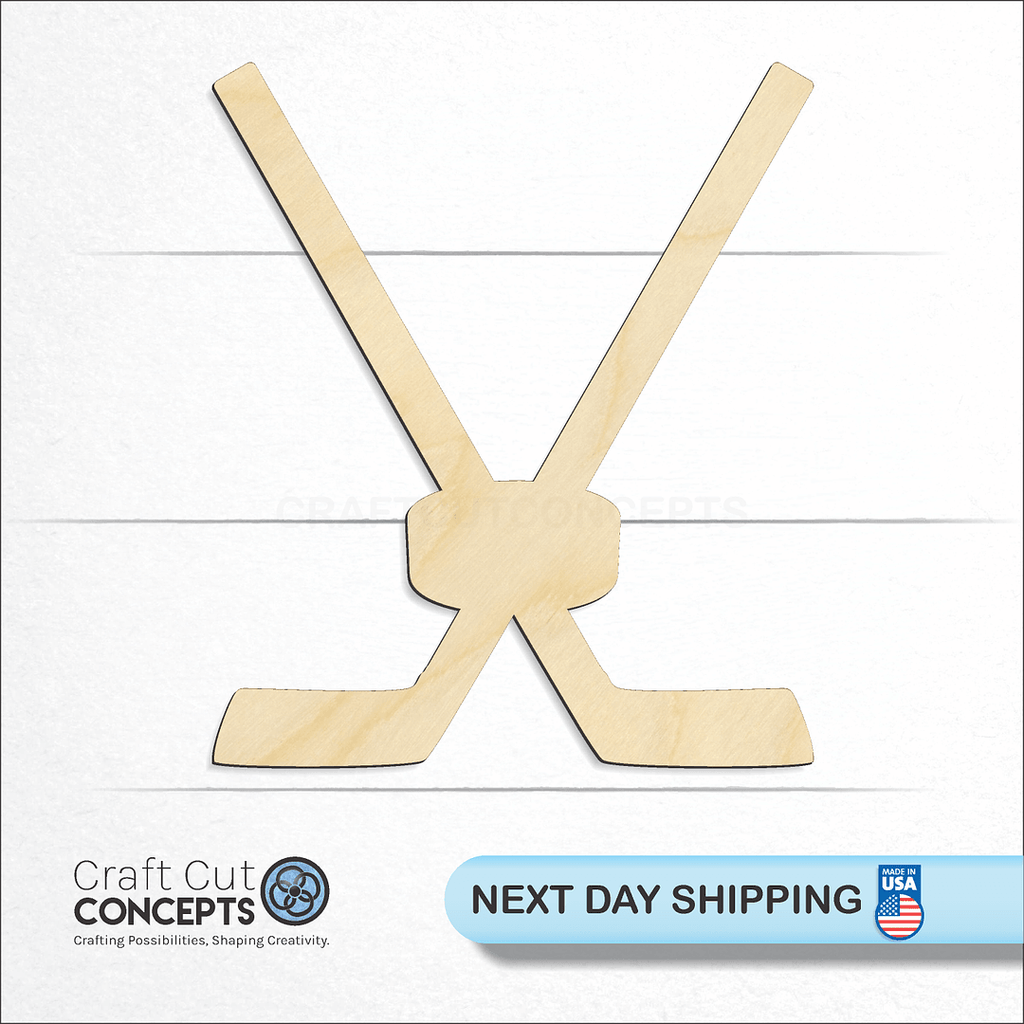 Craft Cut Concepts logo and next day shipping banner with an unfinished wood Sports - Hockey Puck & Sticks craft shape and blank