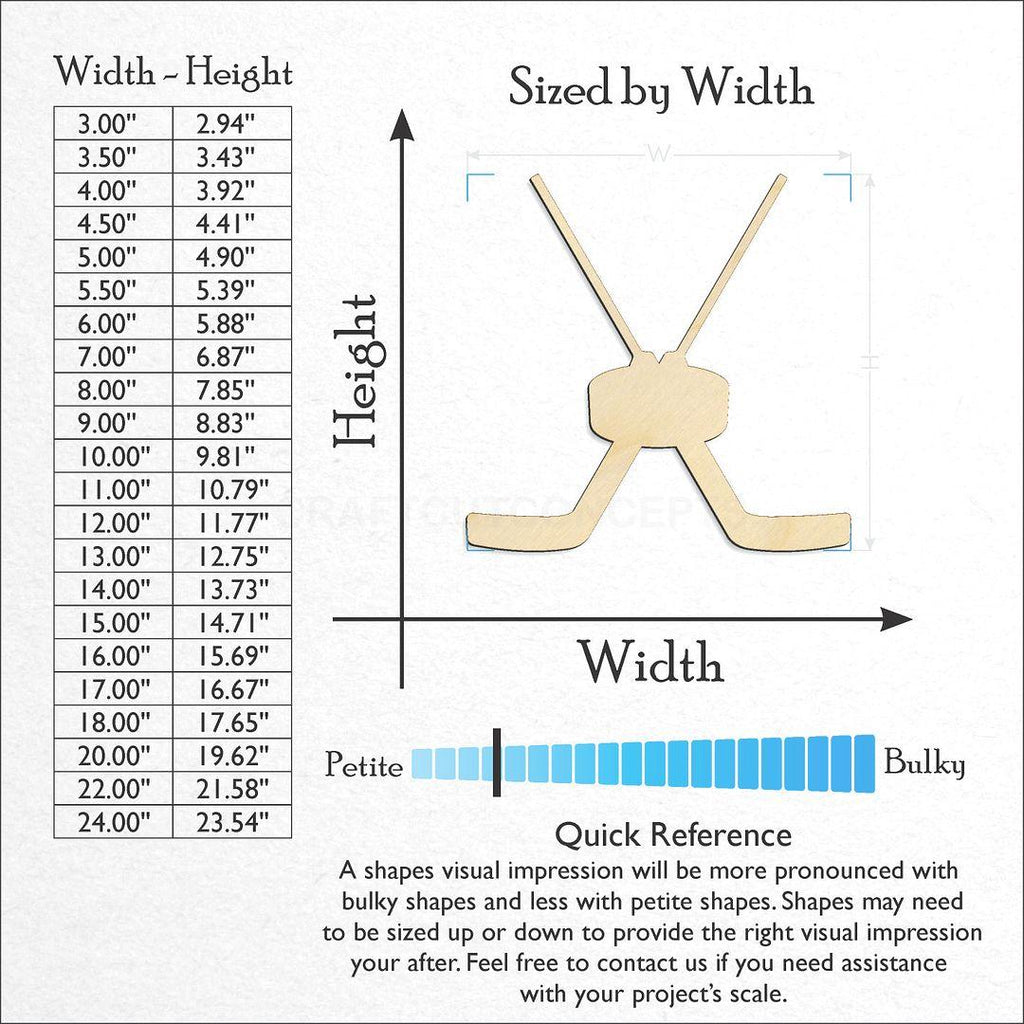 Sizes available for a laser cut Sports - Hockey Puck & Goalie Sticks craft blank