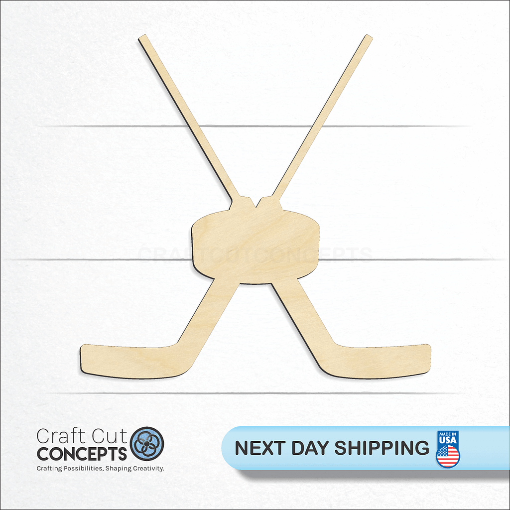 Craft Cut Concepts logo and next day shipping banner with an unfinished wood Sports - Hockey Puck & Goalie Sticks craft shape and blank