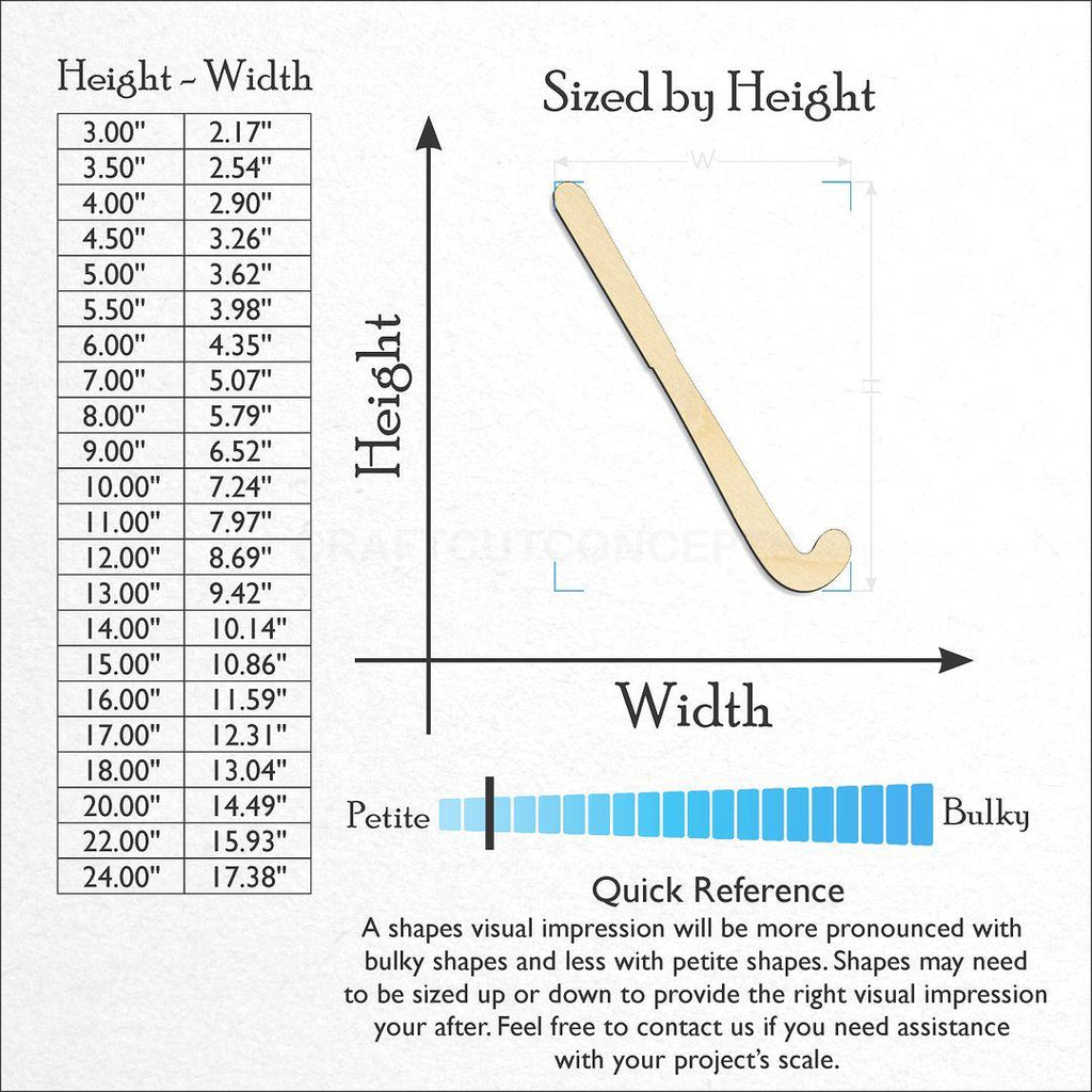 Sizes available for a laser cut Sports - Field Hockey Stick craft blank