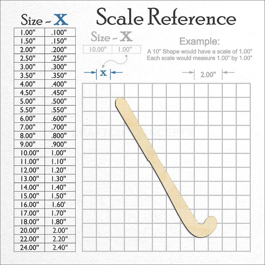 A scale and graph image showing a wood Sports - Field Hockey Stick craft blank