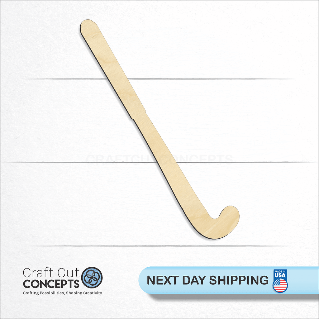 Craft Cut Concepts logo and next day shipping banner with an unfinished wood Sports - Field Hockey Stick craft shape and blank