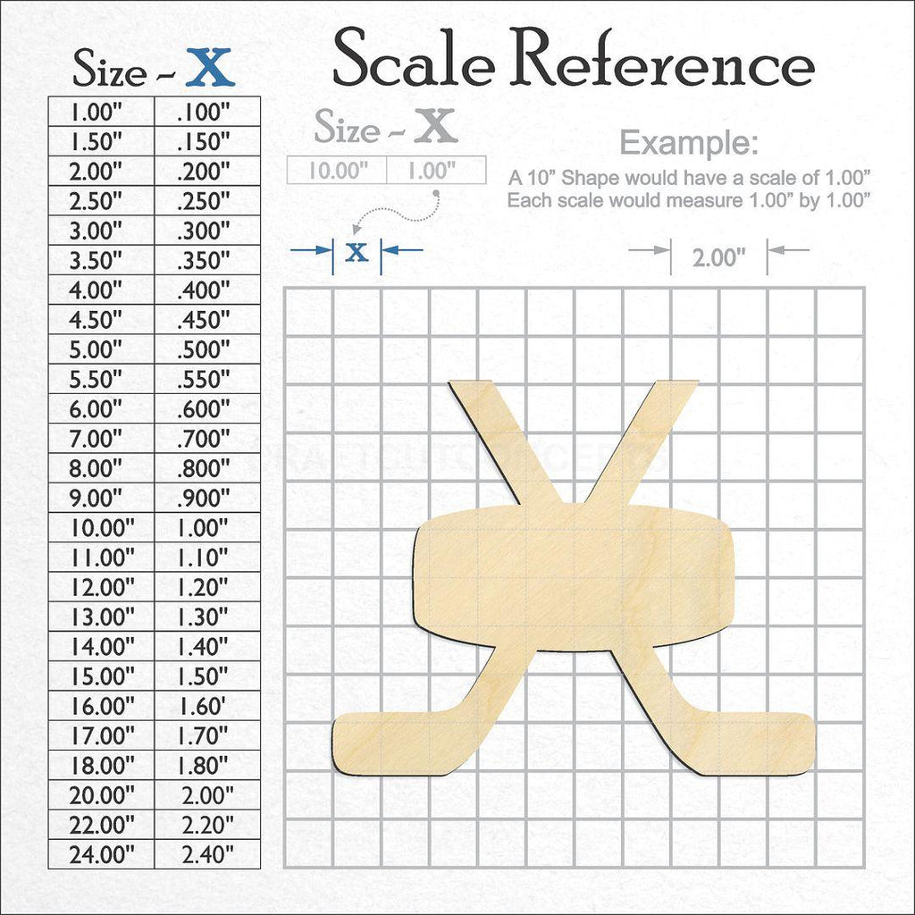 A scale and graph image showing a wood Sports - Large Puck with sticks craft blank