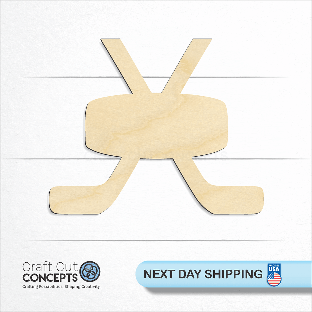 Craft Cut Concepts logo and next day shipping banner with an unfinished wood Sports - Large Puck with sticks craft shape and blank