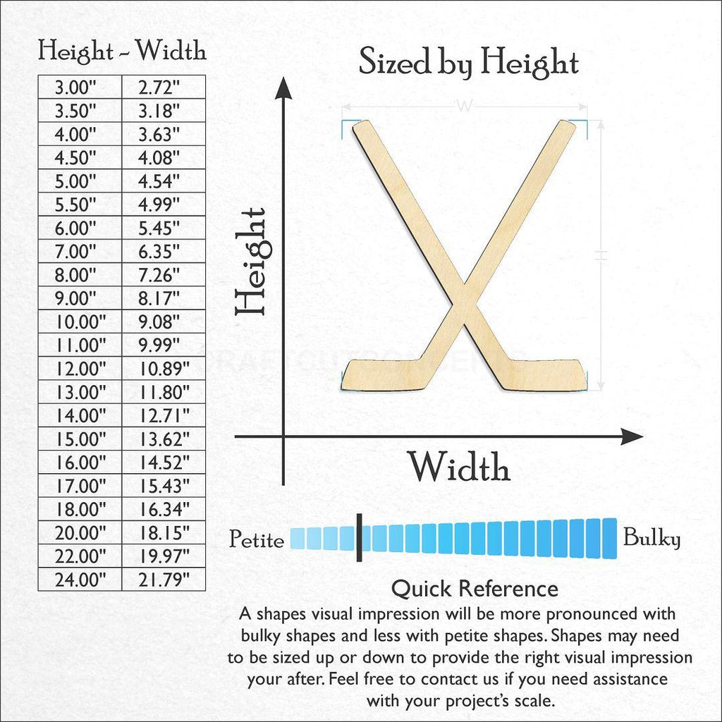 Sizes available for a laser cut Sports - Hockey Stick Pair craft blank