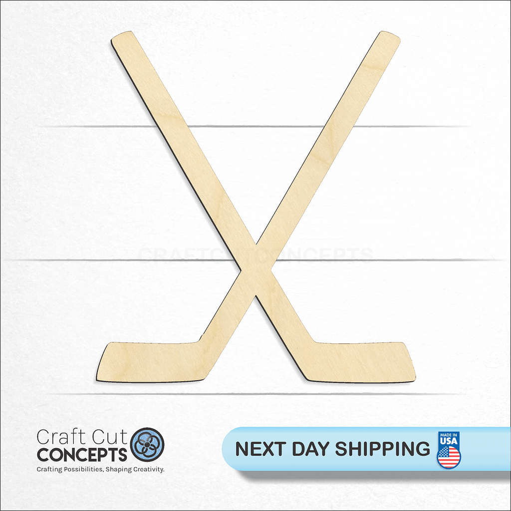 Craft Cut Concepts logo and next day shipping banner with an unfinished wood Sports - Hockey Stick Pair craft shape and blank