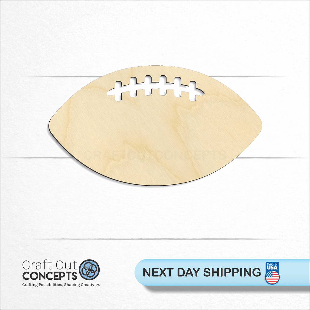 Craft Cut Concepts logo and next day shipping banner with an unfinished wood Sports - Football craft shape and blank