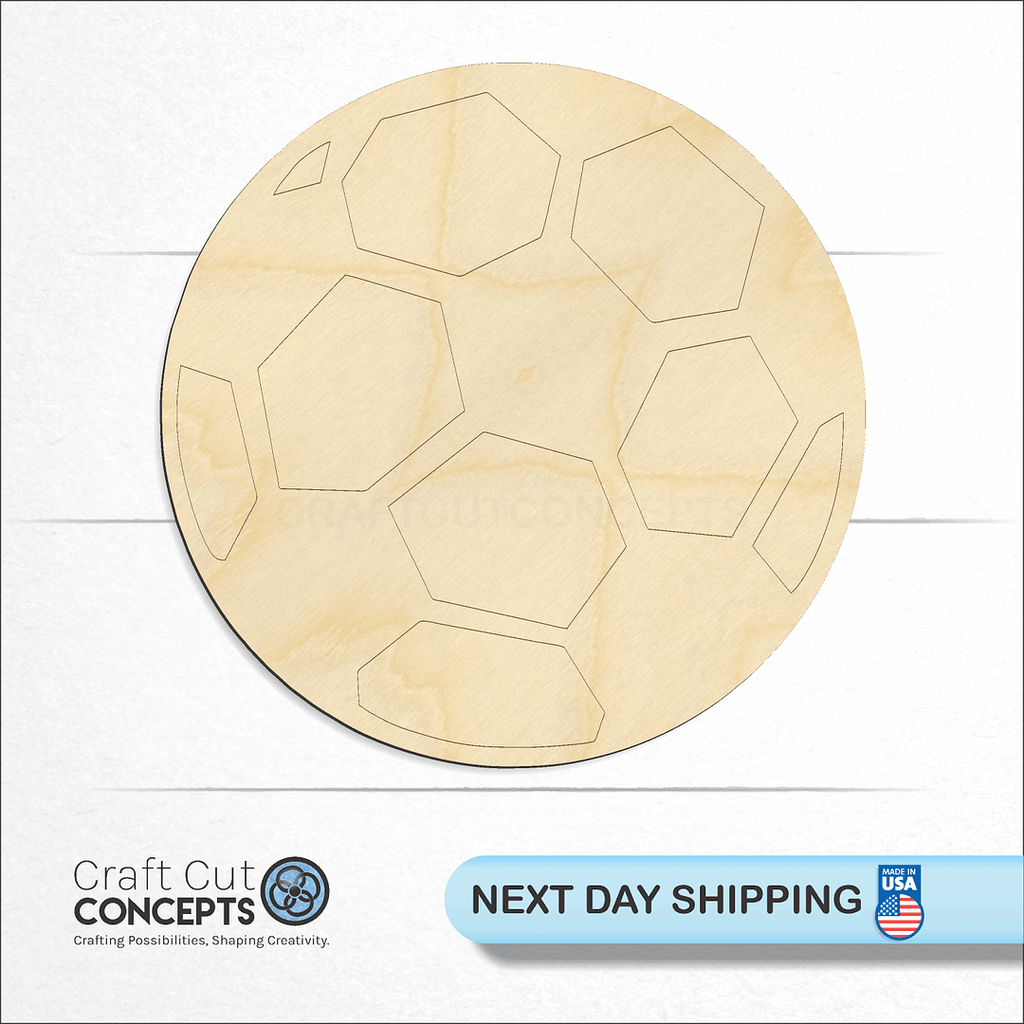 Craft Cut Concepts logo and next day shipping banner with an unfinished wood Sports - Soccer Ball craft shape and blank