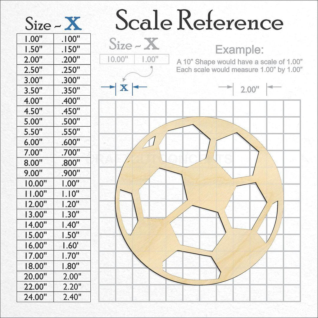 A scale and graph image showing a wood Sports - Soccer Ball craft blank