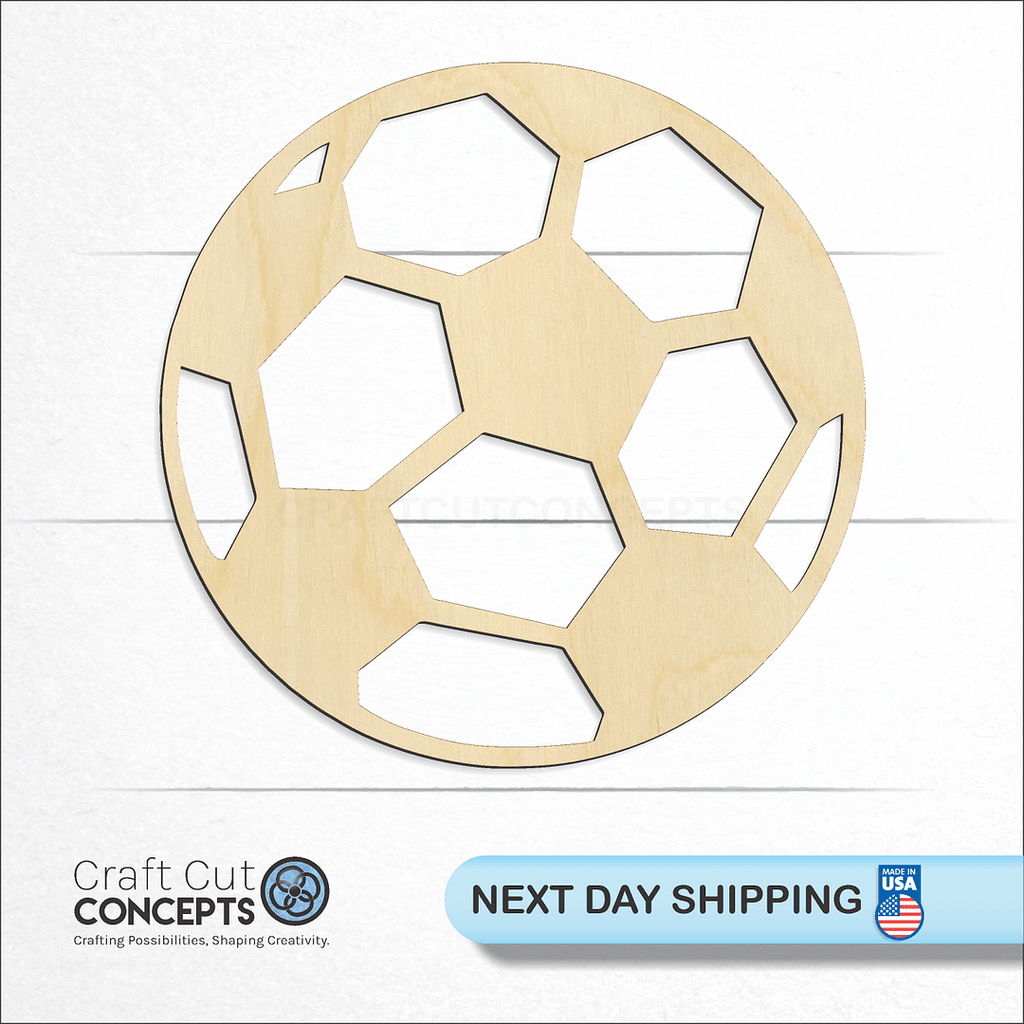 Craft Cut Concepts logo and next day shipping banner with an unfinished wood Sports - Soccer Ball craft shape and blank