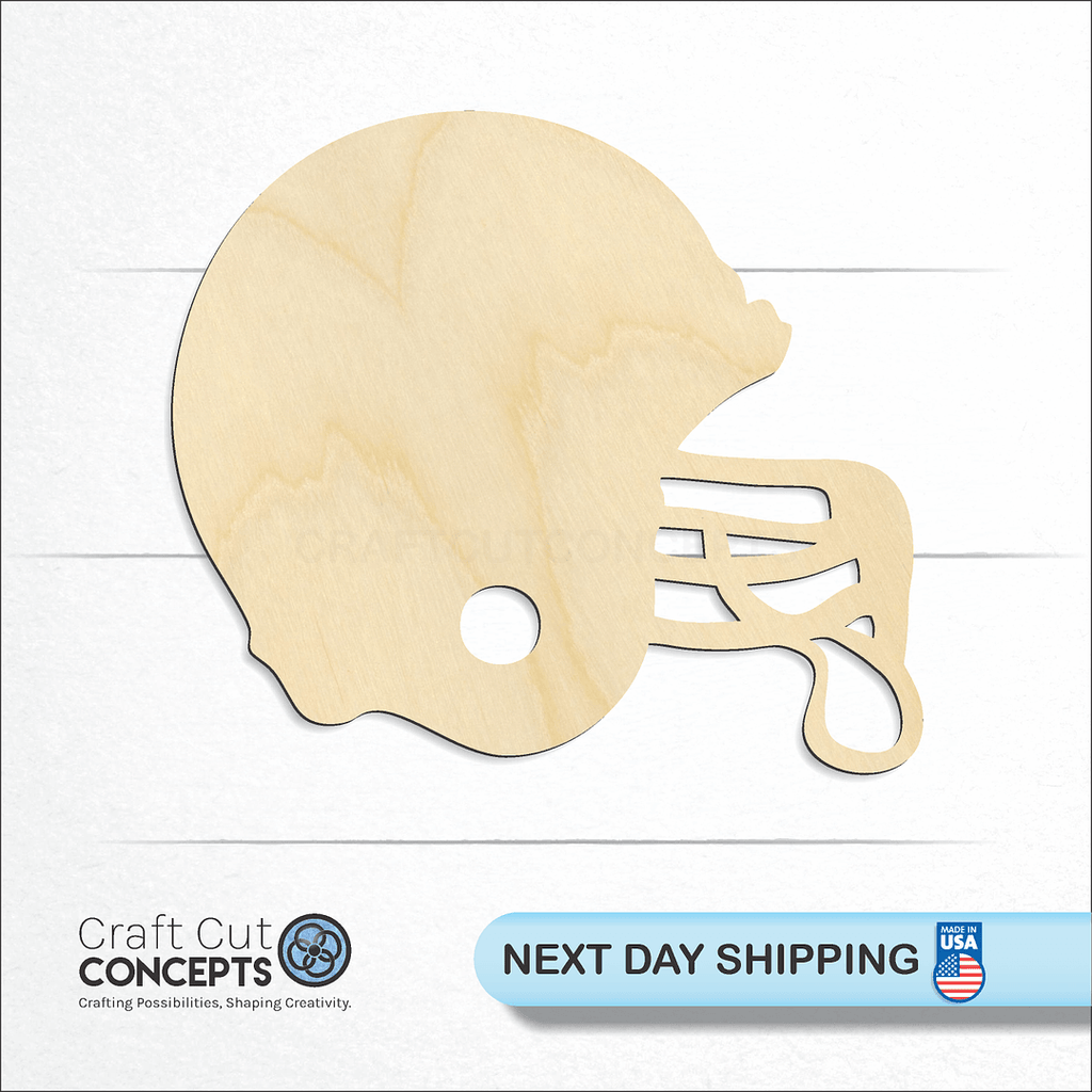 Craft Cut Concepts logo and next day shipping banner with an unfinished wood Sports - Helmet - Baseball craft shape and blank