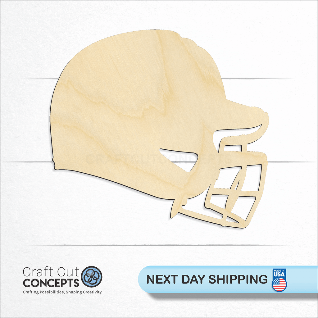 Craft Cut Concepts logo and next day shipping banner with an unfinished wood Sports - Helmet - Baseball-2 craft shape and blank