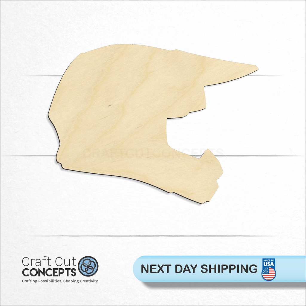 Craft Cut Concepts logo and next day shipping banner with an unfinished wood Sports - Helmet - Dirt Bike craft shape and blank