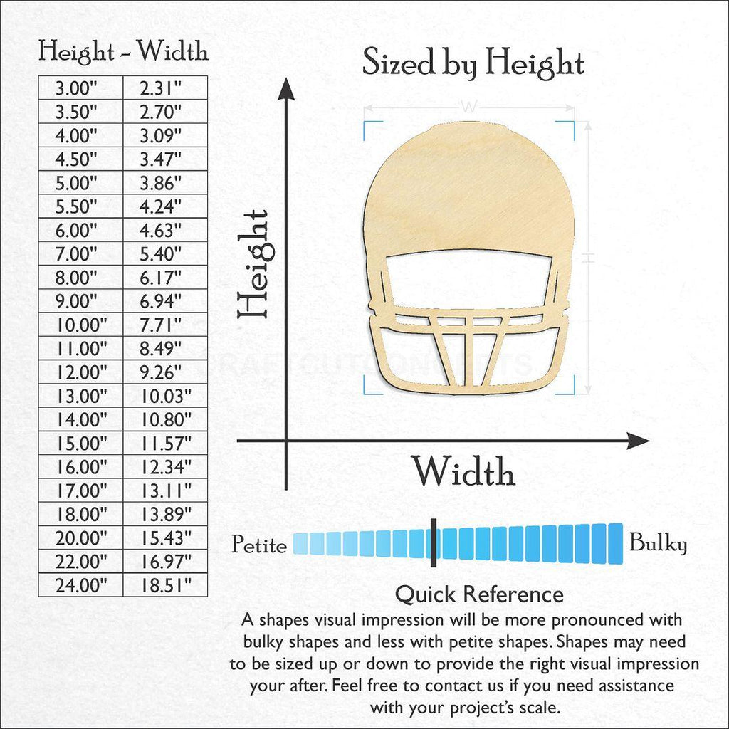 Sizes available for a laser cut Front View Football Helmet craft blank