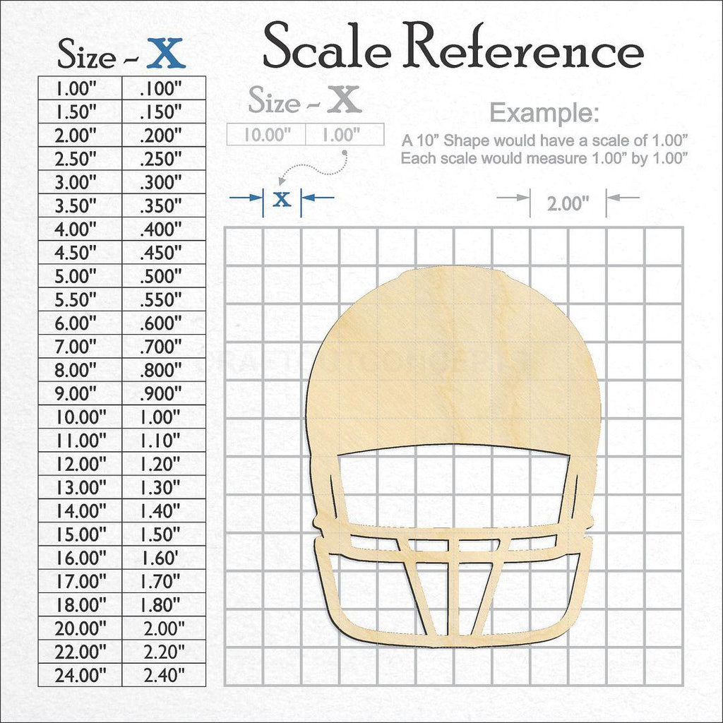 A scale and graph image showing a wood Front View Football Helmet craft blank