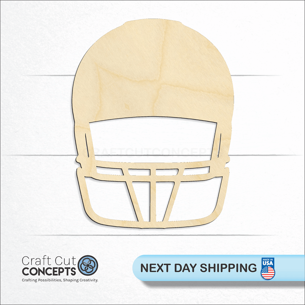 Craft Cut Concepts logo and next day shipping banner with an unfinished wood Front View Football Helmet craft shape and blank