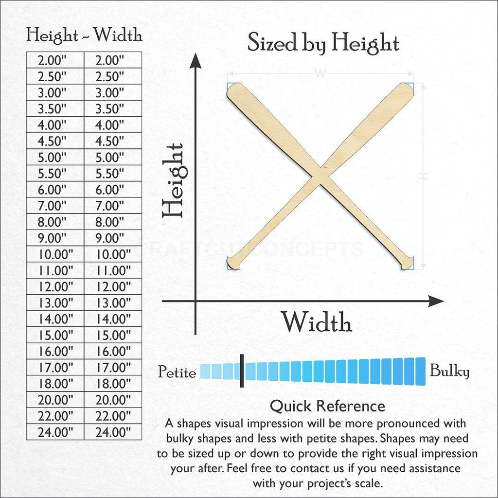 Sizes available for a laser cut Sports - Baseball Bat Pair craft blank