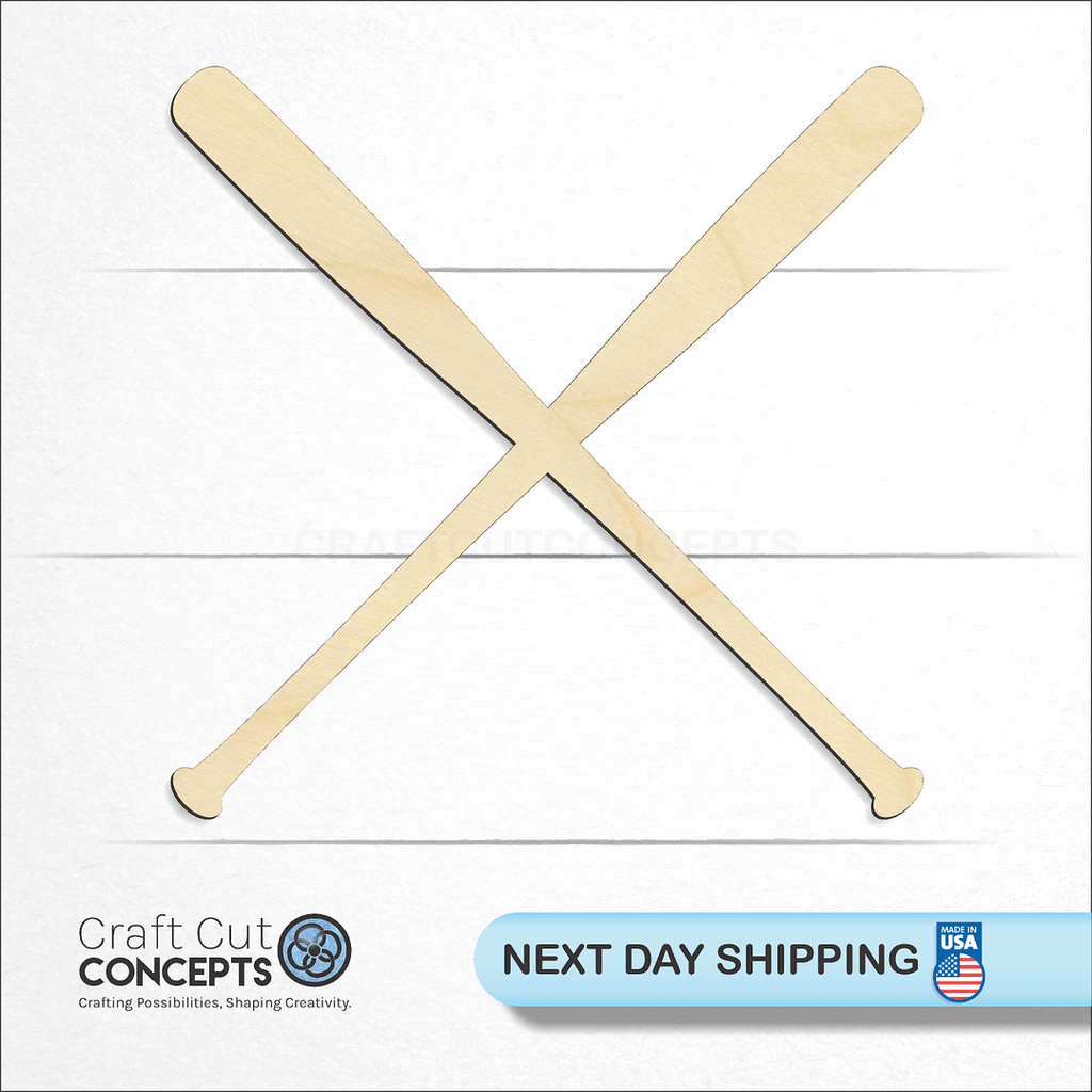 Craft Cut Concepts logo and next day shipping banner with an unfinished wood Sports - Baseball Bat Pair craft shape and blank